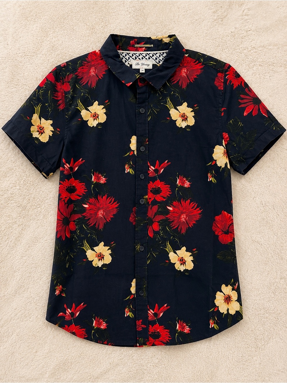 Denim & Flower Navy Short-Sleeve Button-Down with Red & Cream Floral Print
